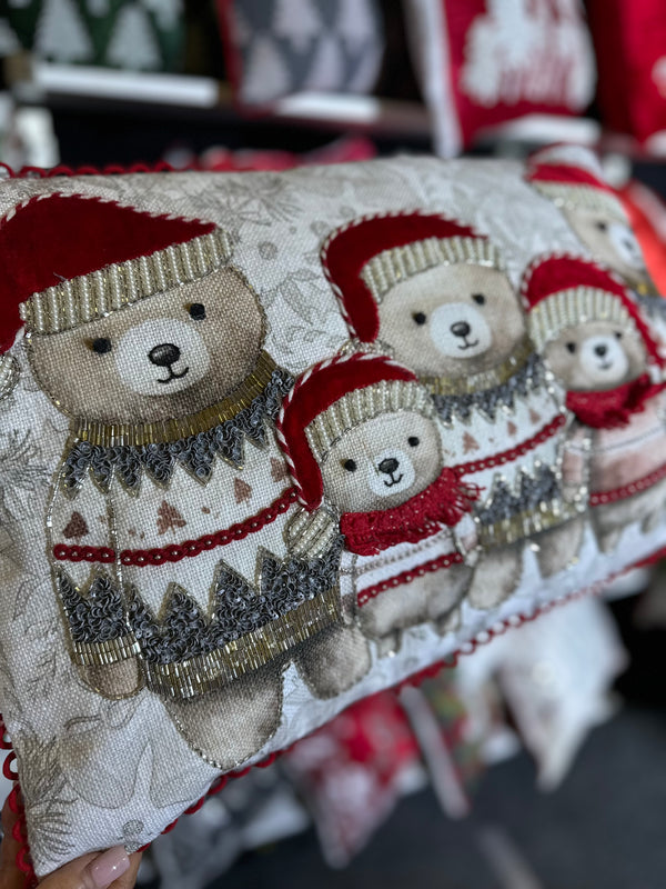 2024 ONLY PRE-ORDER: CHRISTMAS BEARS WITH SWEATERS PILLOW (RECTANGLE 14"x20")-Two Turtle Doves Australia