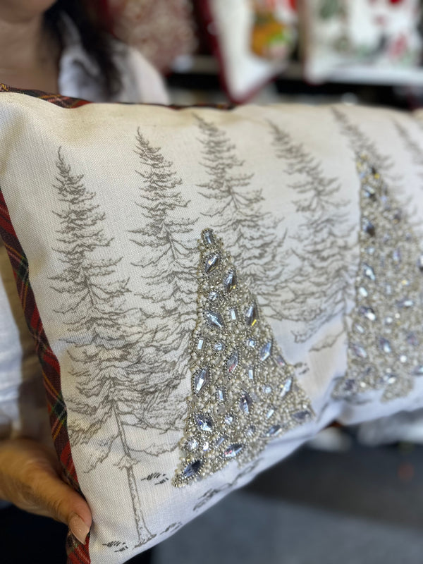 2024 ONLY PRE-ORDER: 3 CRYSTAL BEADED CHRISTMAS TREES PILLOW (RECTANGLE 14"x20")-Two Turtle Doves Australia