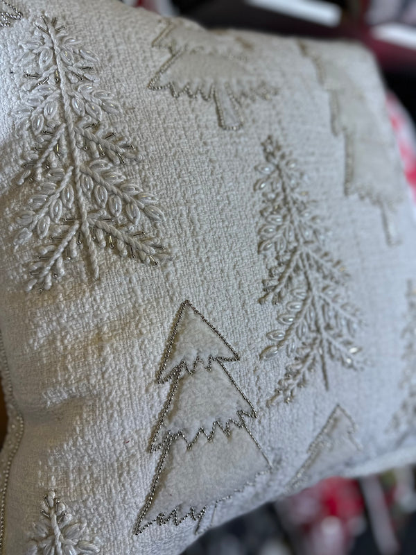 2024 ONLY PRE-ORDER: IVORY CHRISTMAS TREES WITH BEADED BORDER PILLOW (SQUARE 20"x20")-Two Turtle Doves Australia