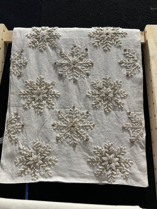 2024 ONLY PRE-ORDER: HAND CRAFTED NEUTRAL SNOWFLAKE SAME SIZES TABLE RUNNER (14"X72")-Two Turtle Doves Australia