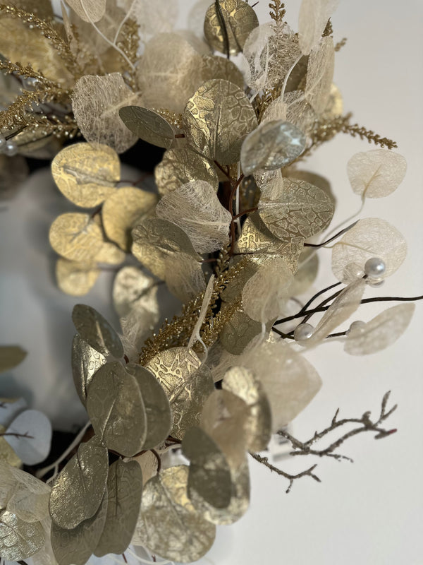 PEARL, CHAMPAGNE & GOLD EUCALYPTUS WREATH-Two Turtle Doves Australia